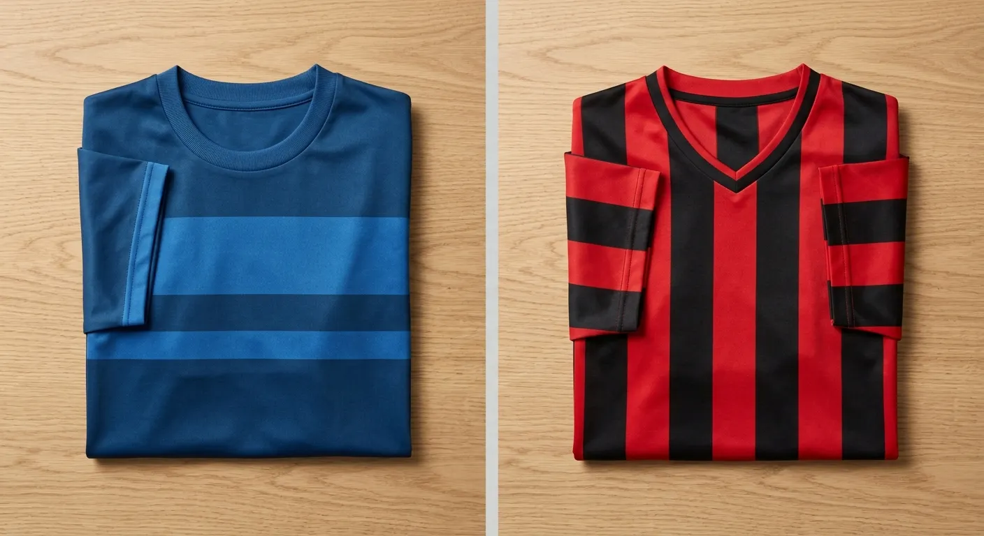 Zwei Fußballtrikots in italienischen und deutschen Vereinsfarben nebeneinander auf einem Holztisch