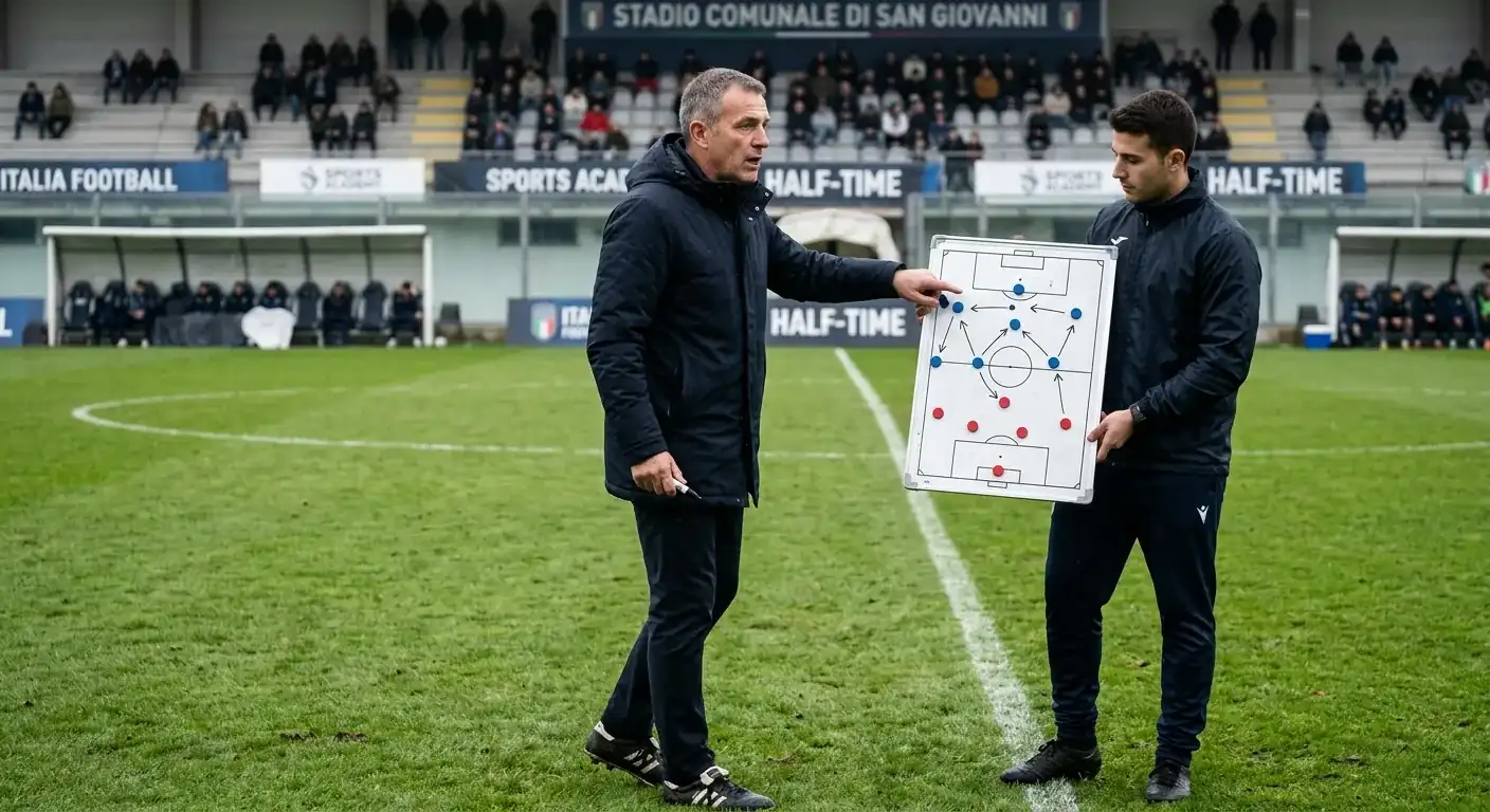 Trainer am Spielfeldrand bespricht zur Halbzeit die taktische Anpassung der zweiten Hälfte