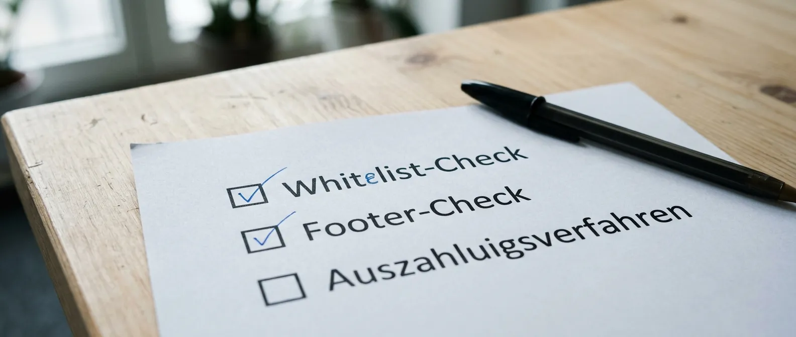 Checkliste auf Papier mit Whitelist-Check und Footer-Prüfung eines legalen Wettanbieters