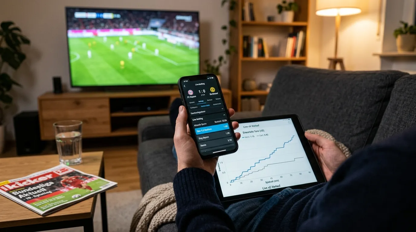 Wettender mit Smartphone verfolgt ein Serie-A-Spiel und prüft Live-Quoten auf dem Display