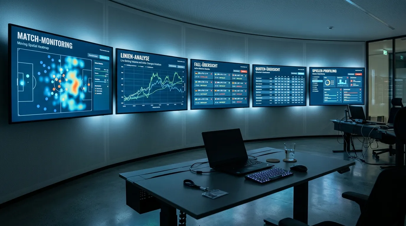 Bildschirme einer Integritäts-Überwachungszentrale mit Datenstreifen mehrerer Spiele