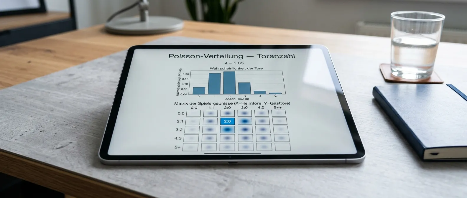 Tablet mit Poisson-Wahrscheinlichkeitsverteilung für Tor-Endstände eines Fußballspiels