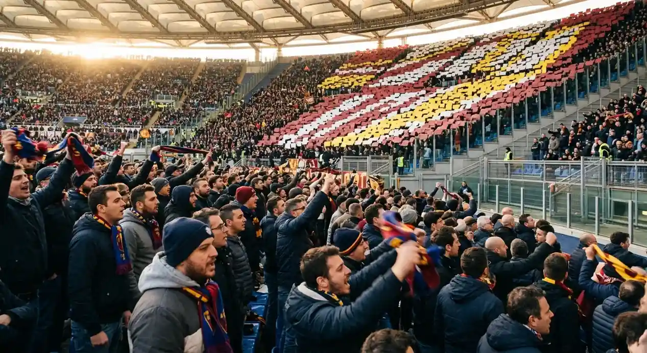Volle Tribüne in einem italienischen Fußballstadion mit Tifo-Choreografie
