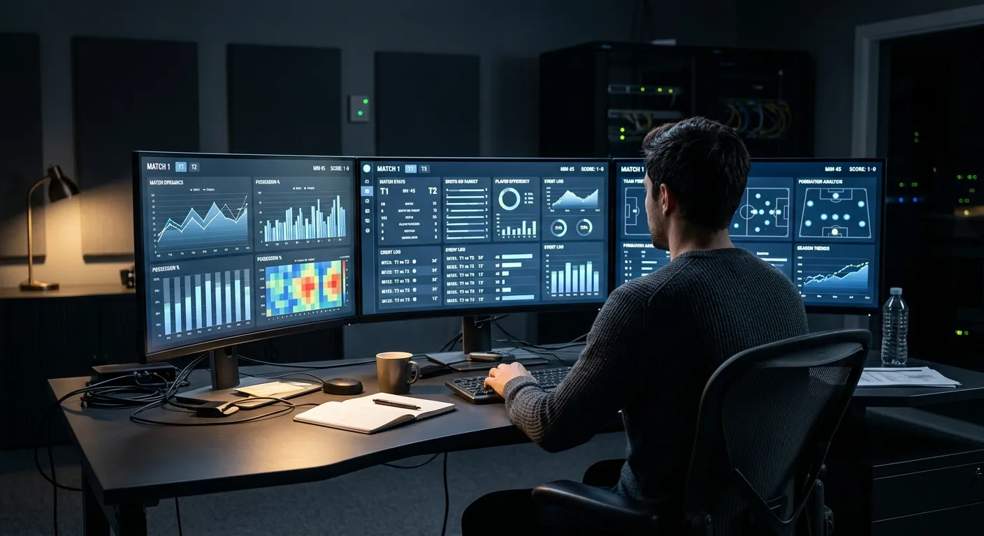 Mehrere Monitore mit Spiel-Statistiken und Live-Daten in einem Integritäts-Lagezentrum