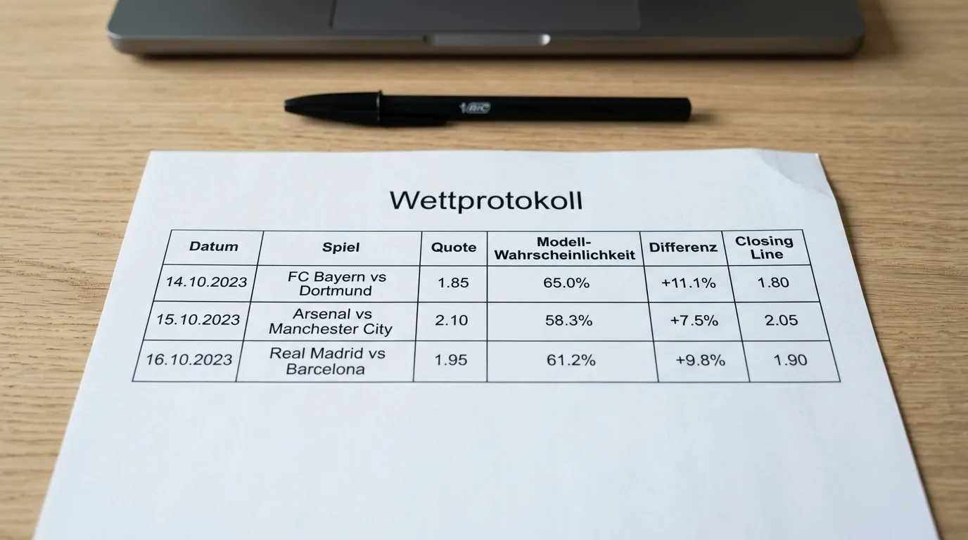 Tabellarisches Wettprotokoll mit Quote, Modellwahrscheinlichkeit und Differenz-Spalte