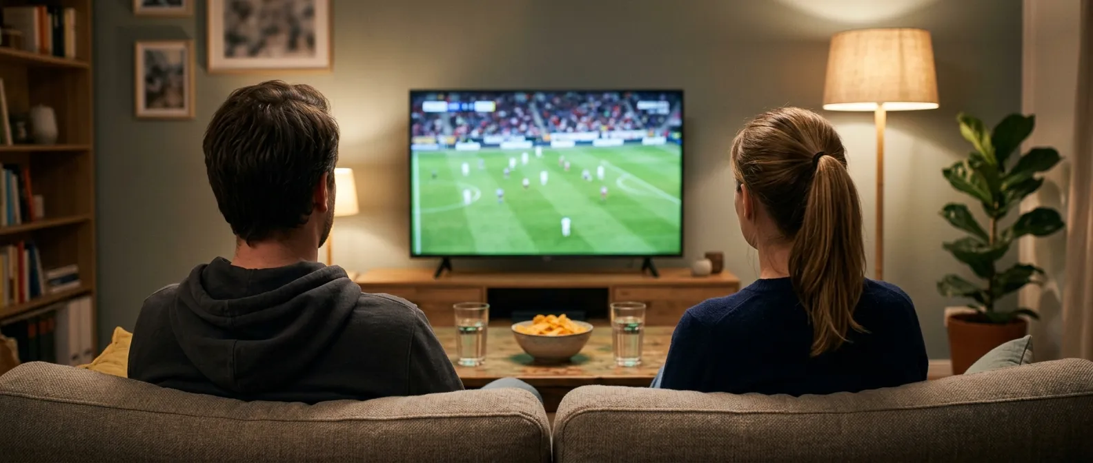 Fans schauen entspannt ein Fußballspiel zu Hause — Motiv Unterhaltung und Spannung