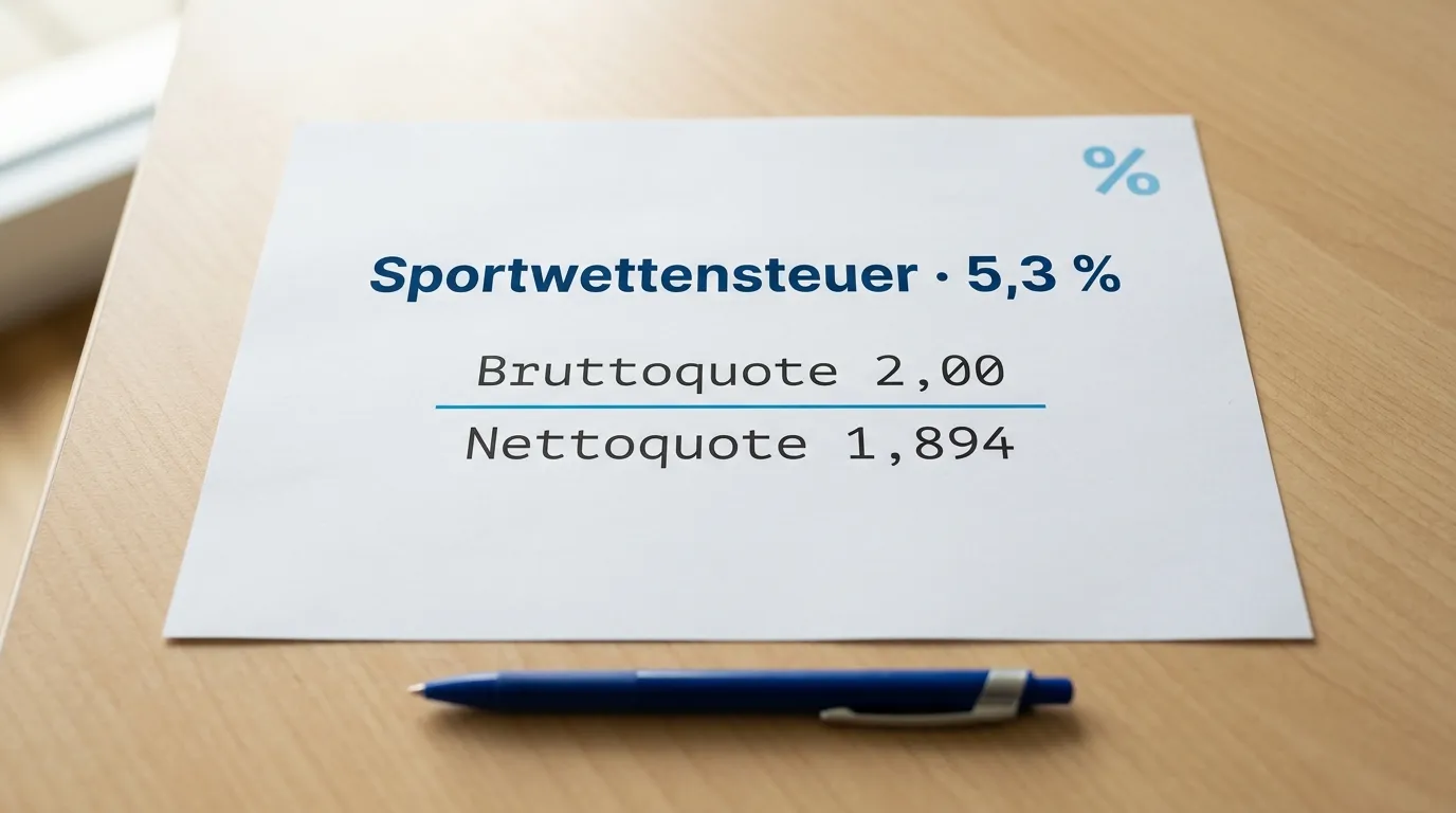 Steuerdokument mit dem Vermerk 5,3 Prozent Sportwettensteuer auf einem Schreibtisch